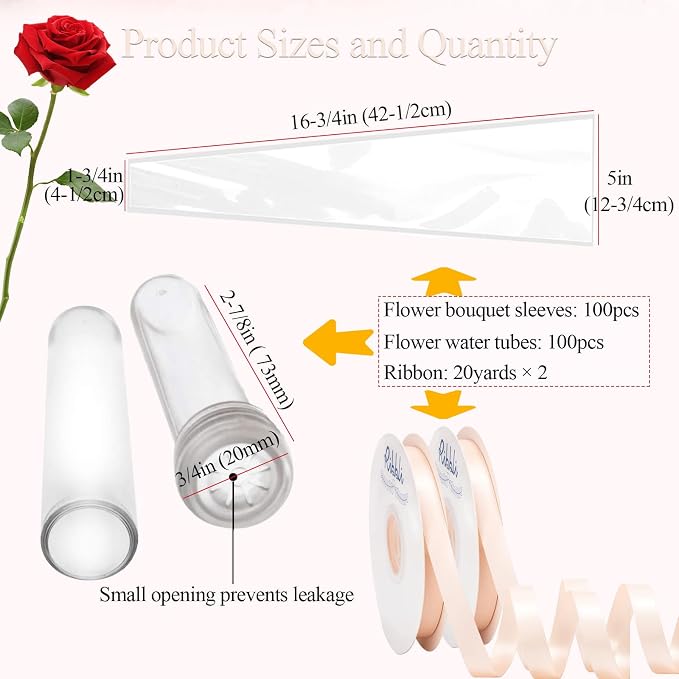 AKLVBL Flower Sleeves for Bouquets 100 Pcs Clear Single Rose Sleeve with 100 Pcs Floral Water Tubes for Bouquets and 40 Yards Light Pink Ribbon for Gift Wrapping for Gift, Florist, DIY, Wedding, Festival