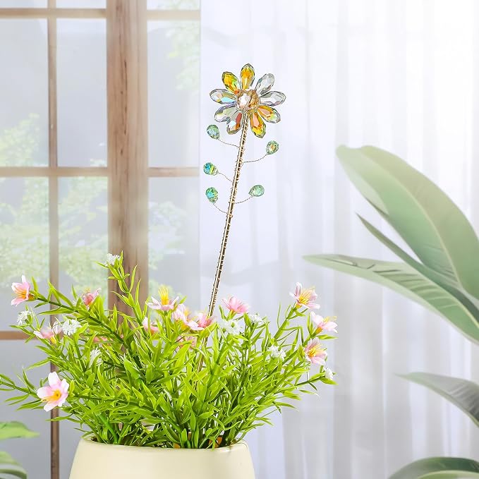 Set of 3 Crystal Sunflower Stakes Suncatchers with 13.4'' Gold Trellis Metal Plant Stake for Indoor Outdoor Garden Potted Plants Decorations Plant Lover Gift (Multicolor)