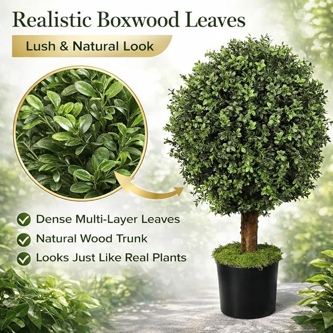 Artificial Boxwood Topiary Tree, 24" Faux Outdoor Plant in Pot, UV Resistant Fake Greenery for Front Porch, Patio, Entryway & Garden Decor