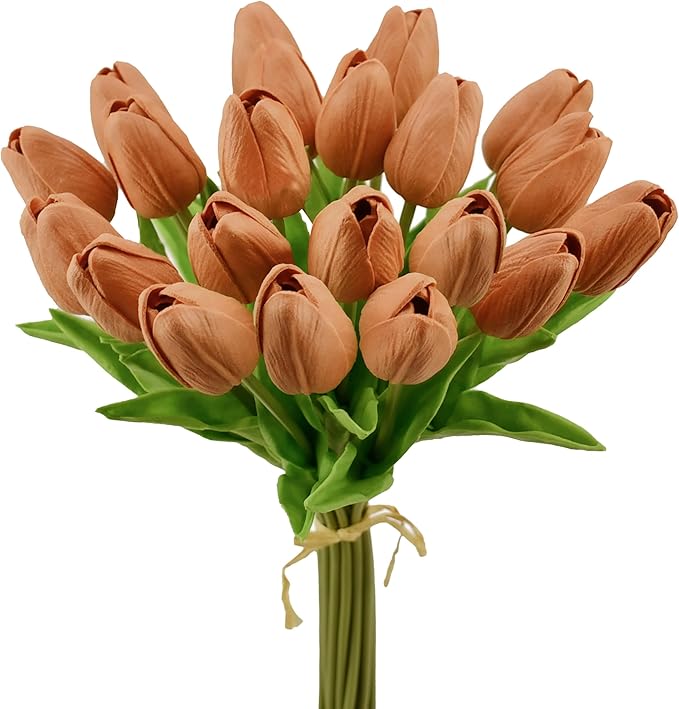 Mandy's Burnt Orange Artificial Tulips Flowers Centerpiece, 13.5" Lifelike PU Fake Floral Stems 20pcs for Kitchen Island & Dining Table, Spring Decor for Easter