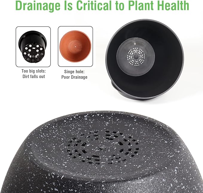 UOUZ 12/10/9 Large Modern Plant Pots, Plastic Planters with Drainage Holes and Saucers for Indoor Outdoor Plants Flowers, Black Speckles