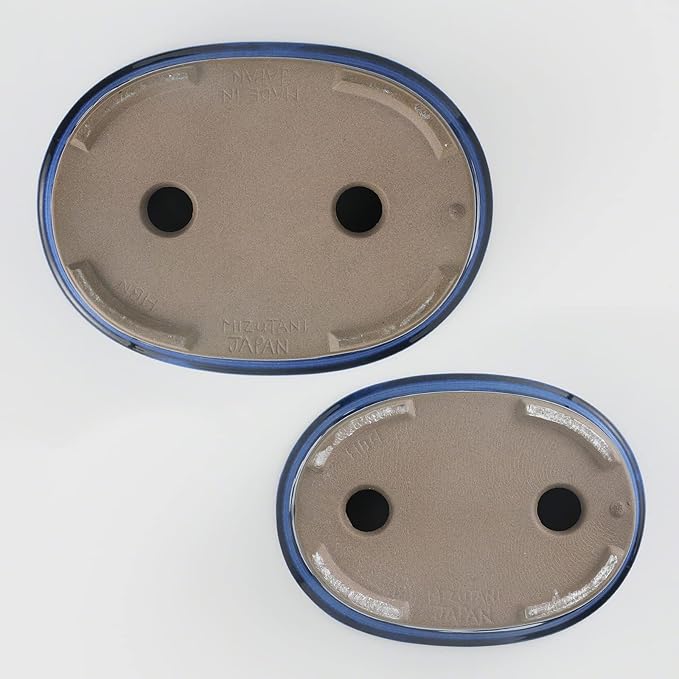 Wazakura Banko Series 2 PCS Blue Bonsai Pot Set with Drainage Holes, Made in Japan Ceramic Garden Planter Pack, Handmade Glazed Houseplant Bowl