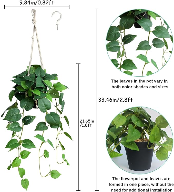 alyptus Fake Hanging Plants Artificial Decor Indoor Realistic Silk Devil's Ivy Hanging Potted Plants Faux Greenery Plant Pothos Vines with Pot for Home (Hanging Pothos - Green)