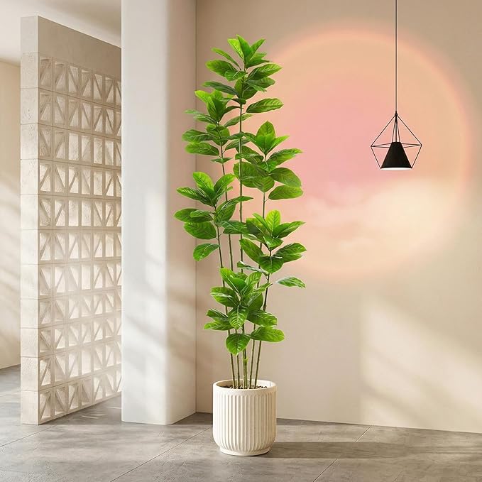 Ficus Tree Artificial Plants Indoor, 7FT Tall Fake Trees in White Pot, Large Potted Silk Floor Plant Artificial Trees, Green Lifelike Faux Ficus Tree for Home Room Office Porch Decor-Green