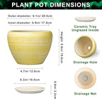 Ceramic Plant Pots - 8 Inch Planter with Drainage Hole and Tray, Decorative Pots for Plants Indoor Outdoor, Round Modern Plant Pot, Apartment Decor, Gifts for Men Women, Textured Yellow