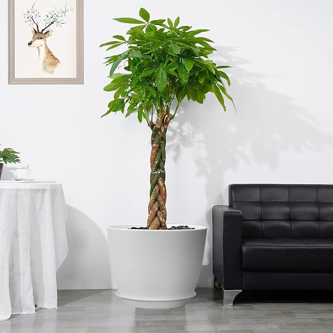 UOUZ 12inch Large Plant Pot, Modern Plastic Planter with High Driange Holes and Saucer for Indoor Outdoor Garden Plants and Flowers, White