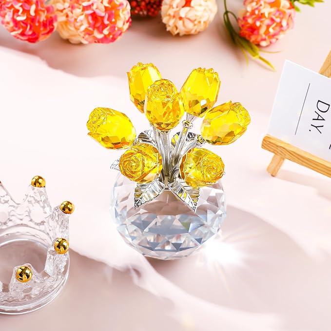 YWHL Handmade Crystal Yellow Rose Flower Figurine With Round Vase, Romantic Gifts for Wife Mom on Anniversary Birthday Mother's Day, Glass Flower for Sister Friends, Wedding Home Decorations