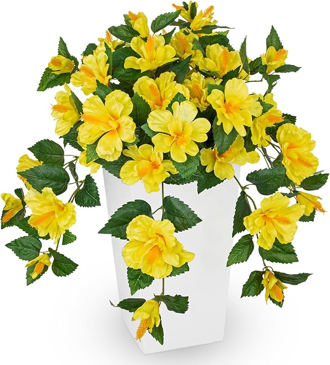 Briful 27.5" Artificial Hibiscus Plant in Tall White Planter, Large Faux Tropical Flower Arrangement for Front Door Porch Patio Balcony Outdoor Indoor Decor, UV Resistant Fake Yellow Hibiscus Tree