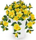 Briful 27.5" Artificial Hibiscus Plant in Tall White Planter, Large Faux Tropical Flower Arrangement for Front Door Porch Patio Balcony Outdoor Indoor Decor, UV Resistant Fake Yellow Hibiscus Tree