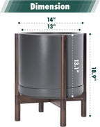 D'vine Dev Ceramic Planter with Walnut Color Stand - 14 Inch Modern Round Flower Pot with Wood Planter Holder, Grey, 55-B-T-3
