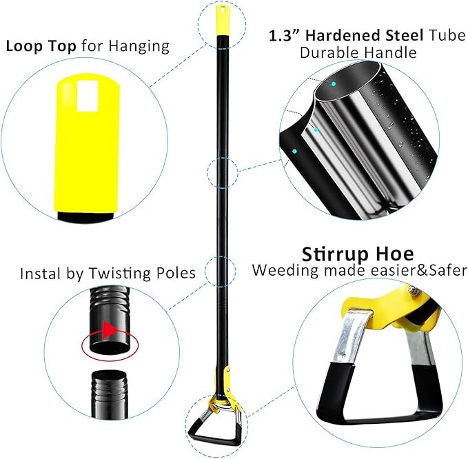 DonSail Hoe Garden Tool - Scuffle Garden Hoes for Weeding Gardening Long Handle Heavy Duty - Adjustable Weeding Loop Stirrup Hoe 30-70 Inch Black