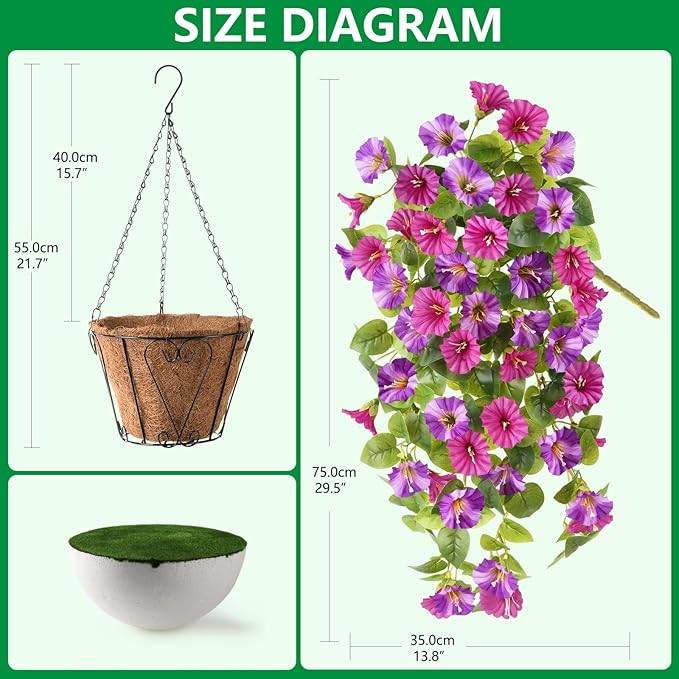Homsunny Artificial Hanging Fake Flowers with Basket Plants for Outdoor Decoration, Faux Silk Flower UV Resistant Morning Glory for Home Porch Patio Garden Balcony Yard Look Real (Light Purple)