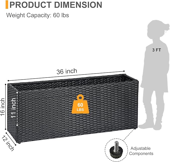 SUNNYPARK Black Rectangular Planter Box All-Weather PE Rattan Large Modern Planters with Removable Liner Indoor Outdoor Decorative Flower Pot for Patio, Balcony, Garden