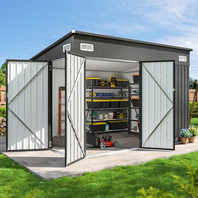 Aoxun 9.4'x7.3' Triple Door Shed Outdoor Storage Shed with Three Lockable Door for Easily Accessing Metal Storage Shed with Slopping Roof for Tools Bicycles Storage in Garden, Backyards (Black)