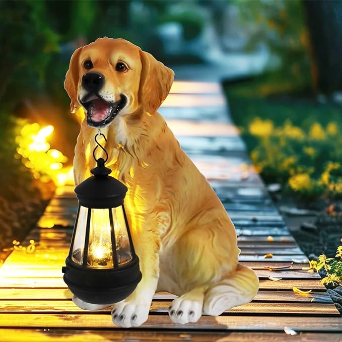 Garden Dog Statues Outdoor Decor, Solar Lights Outdoor Golden Retriever Figurine Solar Dog Ornaments for Patio, Lawn, Yard Art Decoration, Housewarming Garden Gifts for Mom