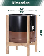 D'vine Dev Ceramic Planter with Natural Stand - 14 Inch Modern Round Flower Pot with Wood Planter Holder, Black/Speckled Tan, 55-B-R-7