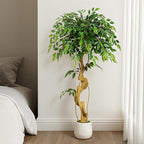 4ft Large Ficus Artificial Trees in White Pot, 48" Tall Fake Silk Tree with Natural Curved Trunk, Lush Faux Ficus Tree for Indoor Home Decor, Living Room, Office & Patio