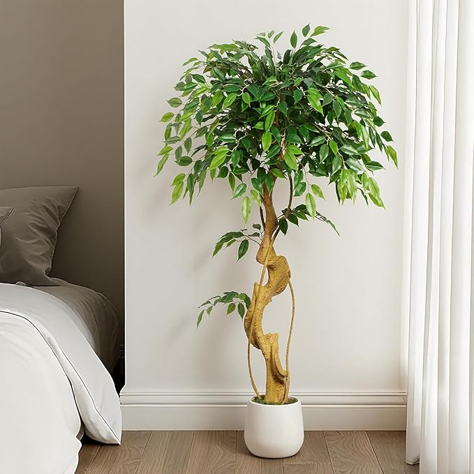 4ft Large Ficus Artificial Trees in White Pot, 48" Tall Fake Silk Tree with Natural Curved Trunk, Lush Faux Ficus Tree for Indoor Home Decor, Living Room, Office & Patio