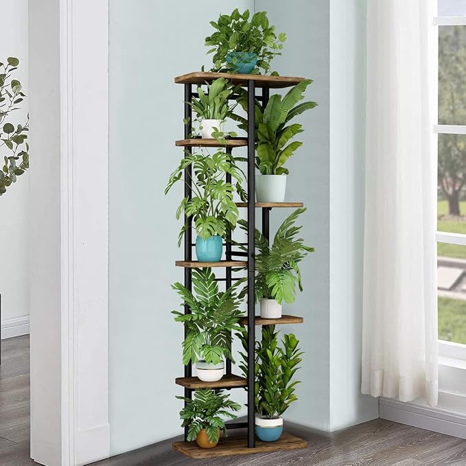 LINZINAR Plant Stand 7 Tier 8 Potted Multiple Flower Pot Holder Shelf Indoor Outdoor Planter Rack Storage Organizer for Patio Garden Corner Balcony Living Room (Black, 7 Tier)