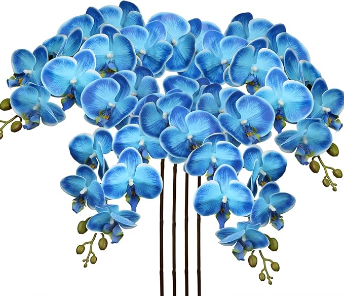 DILATATA 4 Pcs Fake Orchid Flowers 9 Large Heads of Real Touch Vivid Phalaenopsis Orchid Flower Stem 36'' Tall, Artificial Flowers Branches for Home Decor, Office House Deco-Blue Flowers