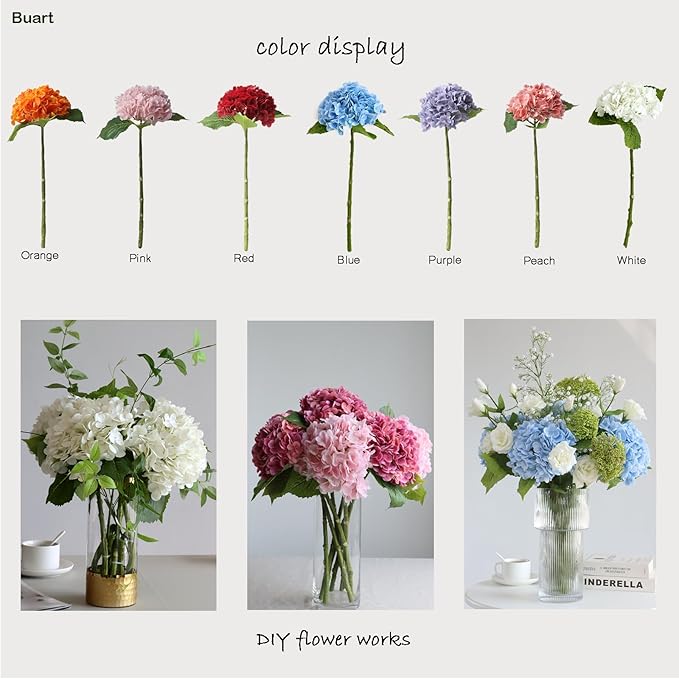Buart 4PCS Long Stem Big Size Flowers Artificial Silk Hydrangea Lifelike Flowers Real Touch Red Artificial Flowers Wedding Shower Bride Bouquets Office Living Room Table Decorations (21 Inch)