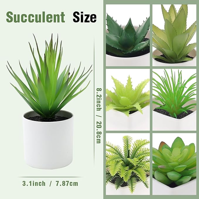 7 Pack Small Fake Plants Artificial Succulent Plants in White Pots Artificial Greenery for Room Home Bathroom Bedroom Office Modern Decor