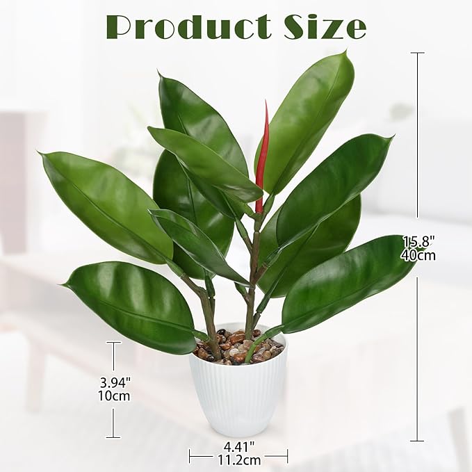 GnFlus Fake Plant Artificial Rubber Tree in White Pot Decor for Home Indoor Tabletop Centerpieces Living Room Bedroom Decoration