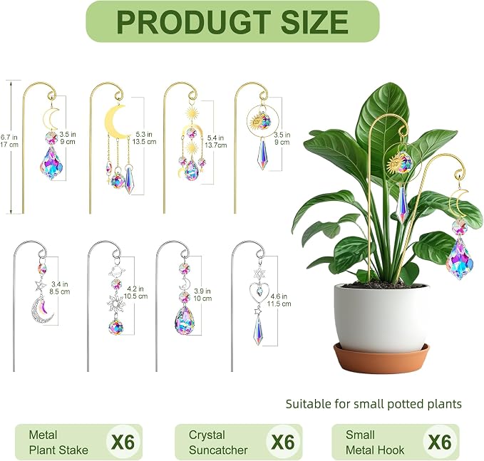 2PCS Metal Plant Trellis with Crystal Sun Catchers,6.7inch Mini Plant Stakes, Rainbow Crystal Prisms Decor for Potted Plants(Gold)