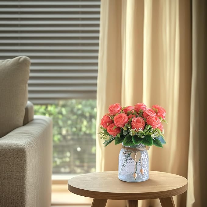 Faux Flowers in Vase, 18 Pcs Fake Rose Flowers, Artificial Flowers for Home Decor, Indoor Centerpiece for Living Room & Dining Table - Pink