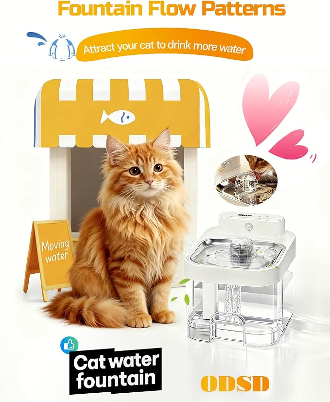 ODSD Cat Water Fountain, App Monitoring Wastewater Separation & No Filter Cotton, 5000mAh Battery & Plug-in Pet Water Fountain with 101oz/3L Automatic Water Dispenser for Cats Indoor, 2.4G Wi-Fi