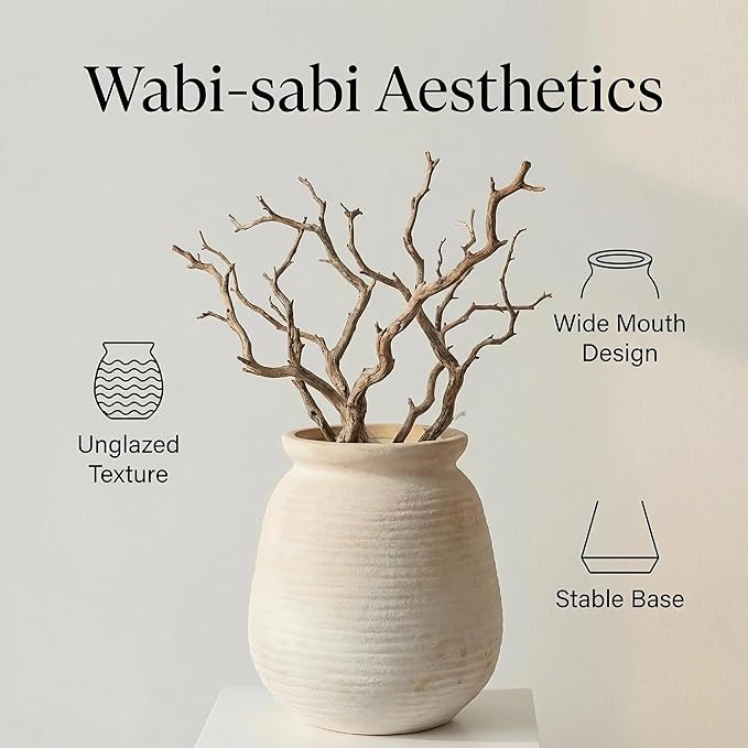 Rustic Terracotta Pot, 7 Inch Short Farmhouse Vase with Weathered Texture Vintage-White, Boho Home Decor for Pampas Grass, Tabletop, Mantel and Shelf Styling