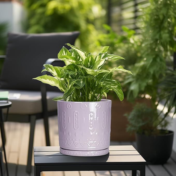 10 Inch Planter, Ceramic Plant Pots for Indoor Outdoor, Round Pot for Plants with Drainage Hole and Sacuer, Boho Plant Pot, Decorative Flower Pots, Living Room Decor, Purple