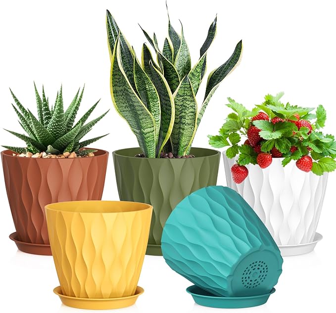 Meowell 7 inch Plant Pots for Indoor Outdoor Plants, 5 Pack Thick Nursery Pots with Drainage Holes and Saucers, 3D Modern Wave Texture Plastic Planter Pots for Flowers and House Plants, Multicolor