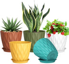 Meowell 7 inch Plant Pots for Indoor Outdoor Plants, 5 Pack Thick Nursery Pots with Drainage Holes and Saucers, 3D Modern Wave Texture Plastic Planter Pots for Flowers and House Plants, Multicolor