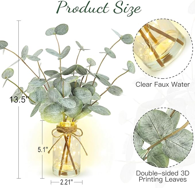 Bessol Artificial Eucalyptus Stems in Glass Vase with Faux Water, 13.5" Fake Plants for Home Decor, Coffee Table Centerpieces, Office, Bathroom & Farmhouse Weddings - Faux Greenery Plants Decorations