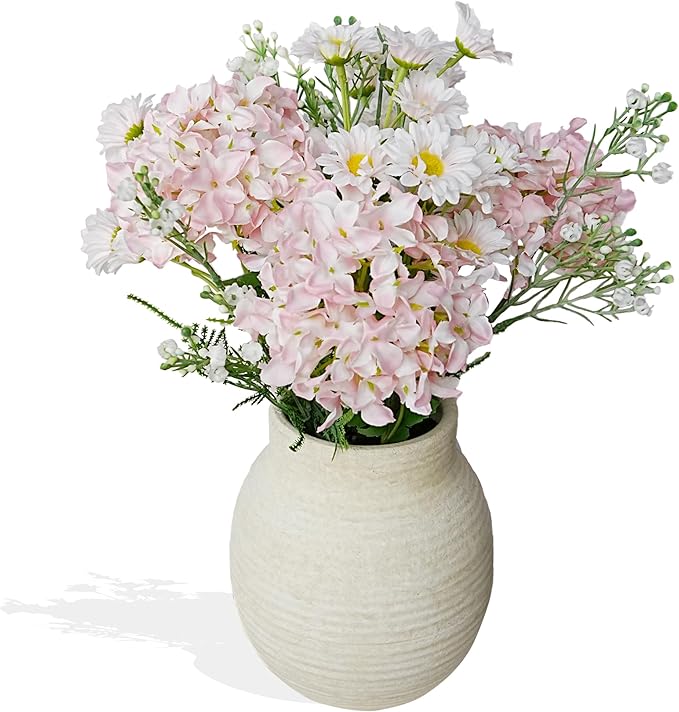 Jahe Faux Hydrangea Flowers Fenterpieces for Tables, Hydrangea Artificial Flowers Mixed Potted Plant, Fake Daisy Mixed Bouquet with Pot, Living Room, Bathroom, Balcony, Light Pink