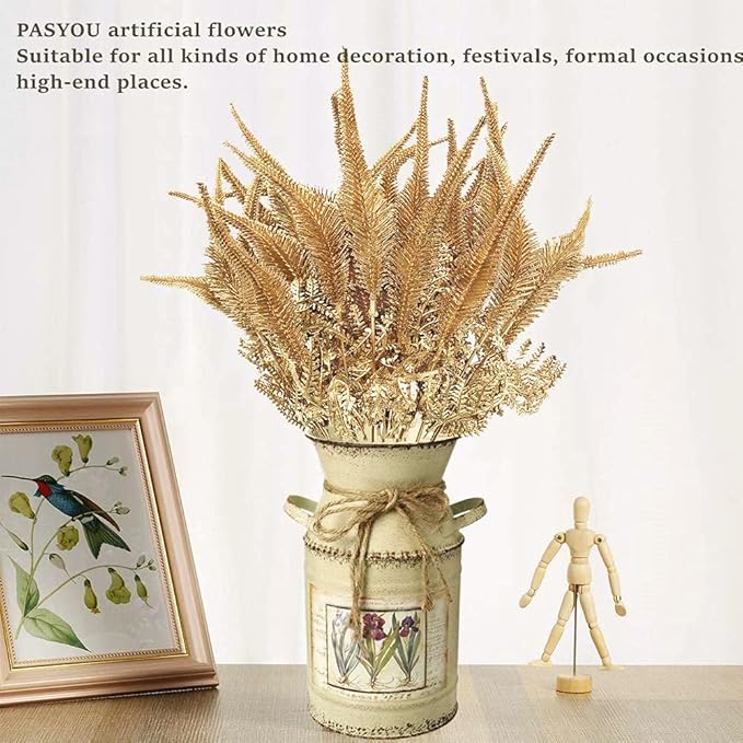PASYOU Artificial Golden Plants Decoration, Fake Shrubs Plastic Leaves Faux Plant for Indoor Outdoor Home Garden Party Verandah Wedding DIY Christmas Decor Gold Foliage Tail Grass Bundles - 3 Pack