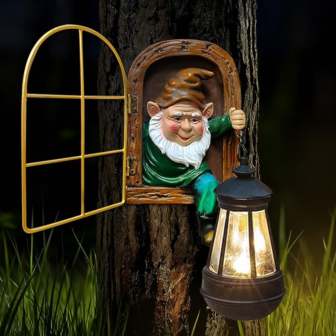 Garden Gnomes Statues with Solar Lantern Christmas Decorations, Outdoor Tree Hugger Gnome Decor Statue, Tree Face Figurines for Fence Wall Yard Home Birthday Gifts for Mum, Women