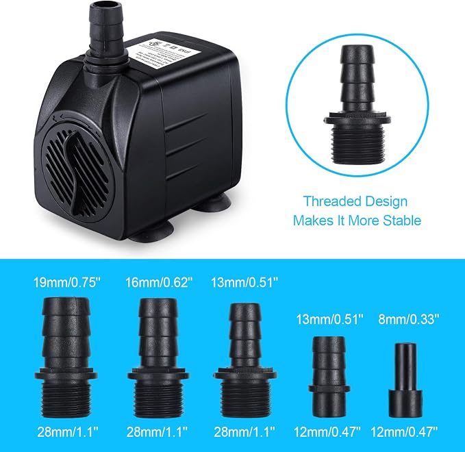 Fountain Pump Kit, Modern Black Plastic & Rubber Nozzles Kit, 5 Sizes, 8 Suction Cups, Replacement Adapters for Submersible Pump