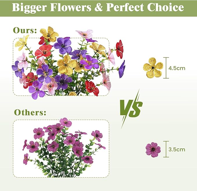 Alupssuc 20 Bundles Artificial Flowers for Outdoor Indoor Decoration, UV Resistant No Fade Fake Plants Eucalyptus, Colorful Faux Spring Flowers for Outside Yard Porch Patio Garden Home Window Box