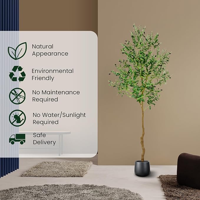 7FT Artificial Olive Tree,84 Inch Faux Olive Tree with Black Base Pot- Fake Olive Plant Potted - Artificial Silk Tree for Home Office Living Room Corner Decor Indoor-1 Pack