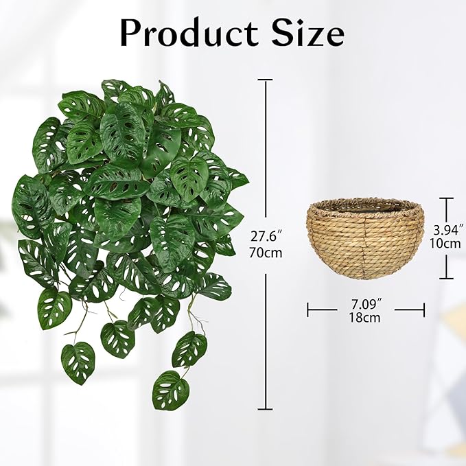 Large Fake Hanging Plants in Pot for Indoor & Outdoor, Long Artificial Monstera Albo Long Plants, 27.6" Fake Potted Vines Ivy Greenery Plant for Room Wall Shelf Decor Living Room Bathroom Patio Porch