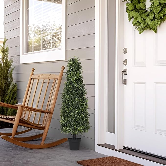 4ft Artificial Boxwood Topiary Trees (Set of 2) - UV Resistant Faux Plants Outdoor, Realistic 48in Fake Potted Bushes and Shrubs for Front Porch, Planter, Patio, Evergreen