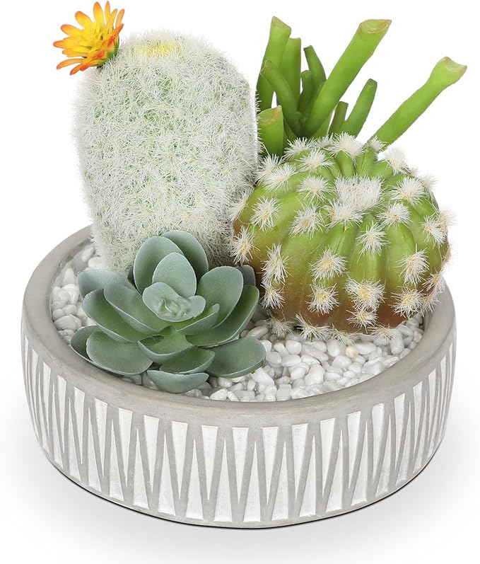 Artificial Cactus Plants Indoor, 5.5" Assorted Small Faux Succulent in Pots Fake Potted Desk Plant with Concrete Bowl Mini Succulents Artificial Cactus Decor for Home Office Bathroom Table Shelf