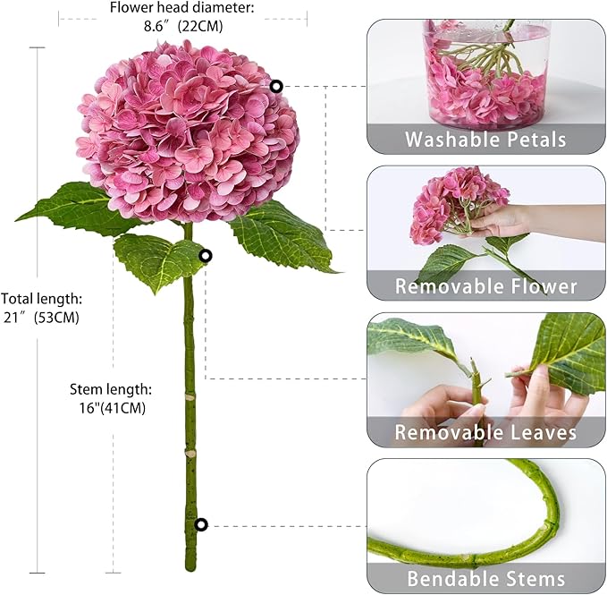 ZYTUYO 4 Pcs Real Touch Magenta Hydrangeas Artificial Flower 21 inches Realistic Faux Latex Hydrangeas Flower for Home Decor Kitchen Living Room Spring Table Wedding Xmas Arrangement