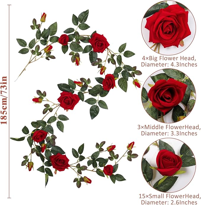 RECUTMS 6FT Artificial Red Rose Garland Fake Rose Ivy Vine with Greenery Foliage Hanging Flower Vine for Wedding Arch, Table, Home, Garden, Birthday, Valentine’s Day Party Decoration (Red)