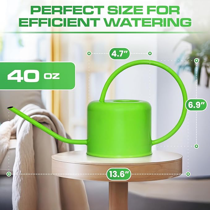 Plexon Long Spout Watering Can Indoor Plants, 40 oz Small Watering Can Pot Metal for Garden Flowers House Plants Mini, Powder Coated, for Mom Girlfriend Daughter, Green