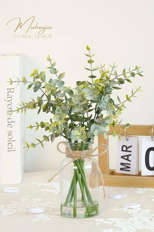 Muhanjia Artificial Eucalyptus Stems in Glass Vase with Faux Water,7Pcs Fake Plant for Centerpiece Bathroom Farmhouse Room Home Decor (Sage Green Eucalyptus)