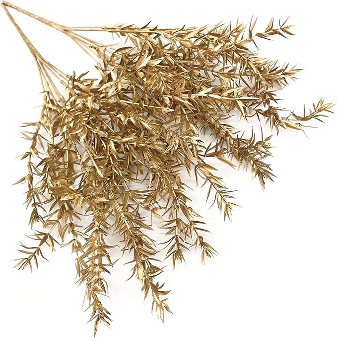PASYOU Fake Plants Christmas Decorations, Artificial Flowers Golden Plastic Shrubs Faux Leaves Outdoor Indoor Home Garden Party Room Bedroom Office Wedding Table Centerpiece DIY Decor, Gold 6 Bunches