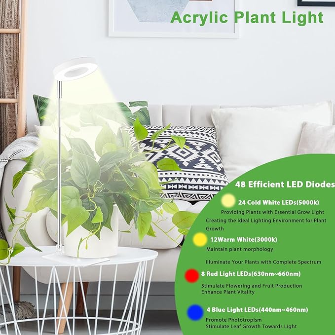 yadoker Halo Plant Grow Light, LED Growing Light with Base Full Spectrum for Indoor Plants,Height Adjustable, Automatic Timer, 5V Low Safe Voltage,Idea for Small Plants